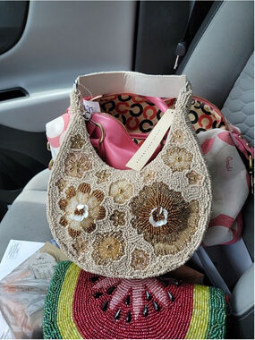 Studio 12 Hand Beaded Floral Hobo Shoulder Bag Cream Ivory Gold Purse NWT India